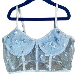 SHEIN Baby Blue Floral Embroidered Mesh Underwire Corset Bra Sequins L